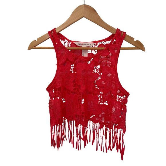 H&M x Coachella Festival Boho Hippie Tank Womens 4 Pink Polyester Crochet Fringe - Picture 1 of 7